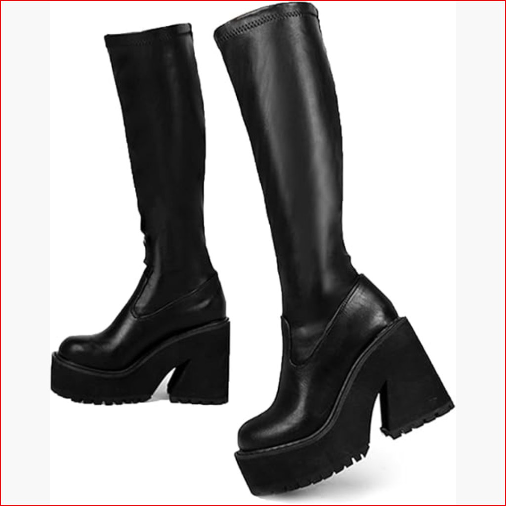 Synthetic Elastic Leather Knee High Platform Combat Boots With Zipper